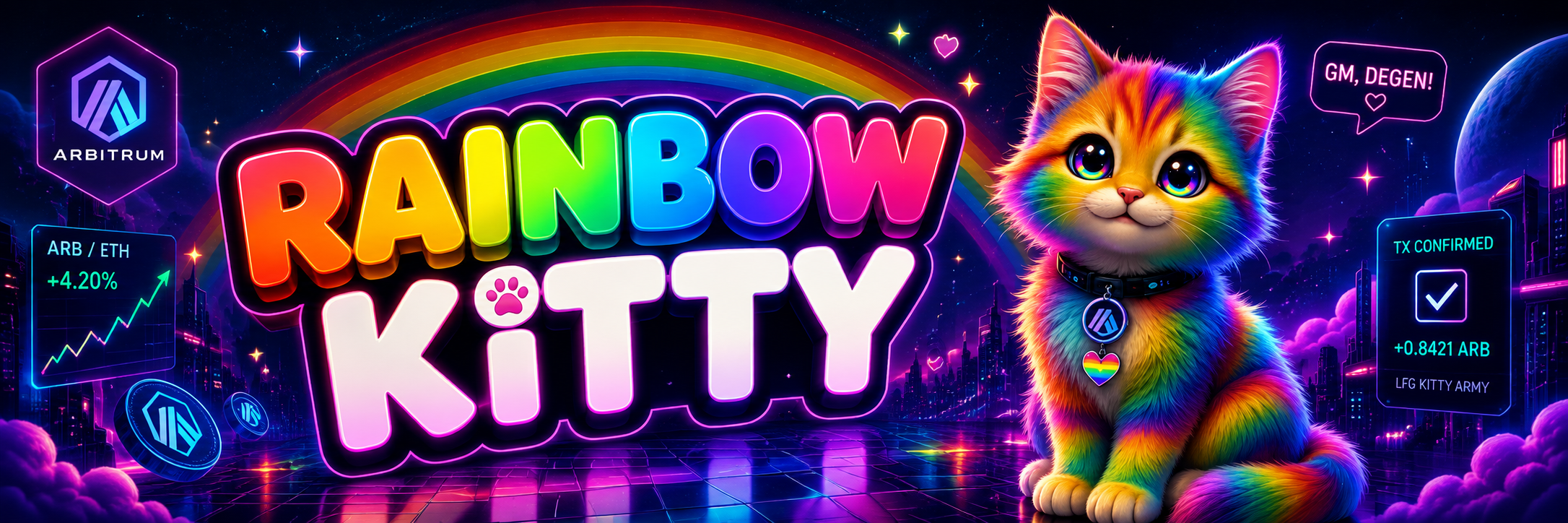 Rainbow Kitty banner — neon Arbitrum nightscape with rainbow trails